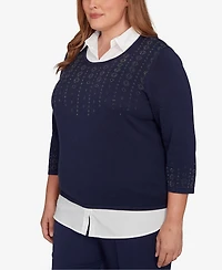 Alfred Dunner Plus Saratoga Springs Metallic Studded Textured Two One Sweater