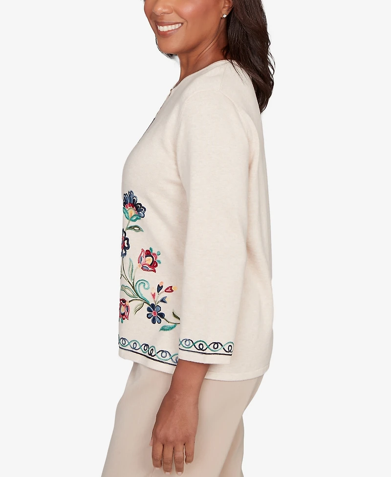 Alfred Dunner Plus Saratoga Springs Embroidered Floral Three-Quarter Sleeve Sweater