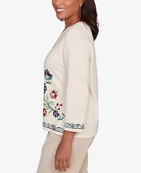 Alfred Dunner Plus Saratoga Springs Embroidered Floral Three-Quarter Sleeve Sweater