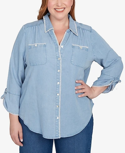 Alfred Dunner Plus Hilton Head Blanket Stitch Trim Button-Front Top