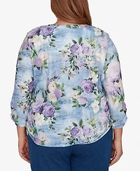 Alfred Dunner Plus Hilton Head Denim Floral Applique Henley Top
