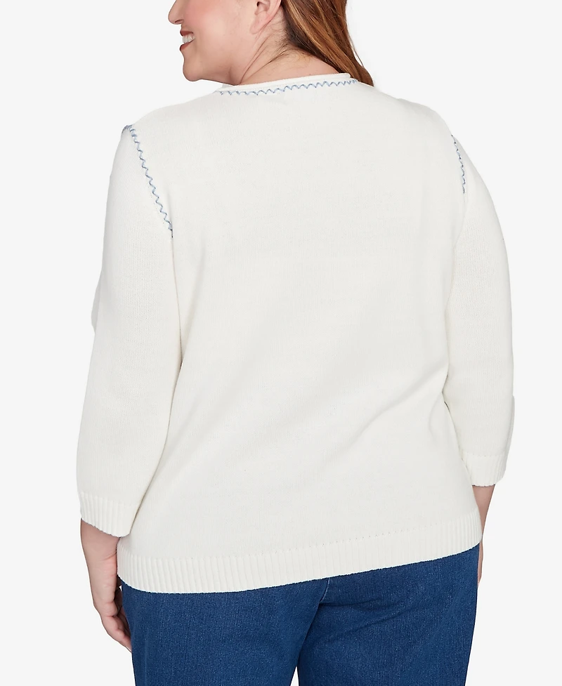 Alfred Dunner Plus Hilton Head Quilted Denim Applique Flower Sweater