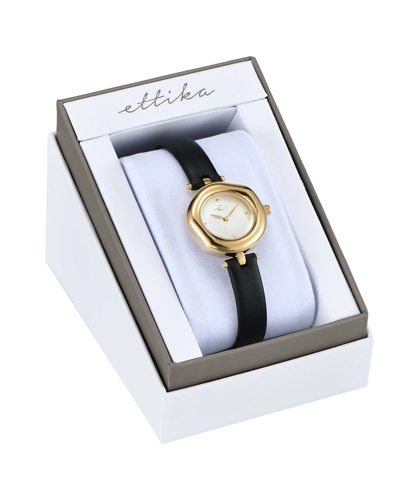 Ettika Open Circle Gold Plated Black Leather Watch, 70-110mm