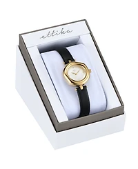 Ettika Open Circle Gold Plated Black Leather Watch, 70-110mm