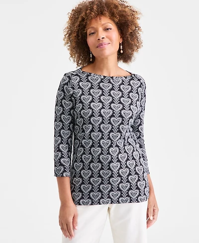 Style & Co Women's Printed Pima Cotton 3/4 Sleeve Boat-Neck Top, Macy's Exclusive