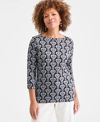 Style & Co Women's Printed Pima Cotton 3/4 Sleeve Boat-Neck Top, Macy's Exclusive