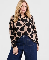 On 34th Trendy Plus Size Giant Heart Print Button-Front Crepe Shirt, Macy's Exclusive
