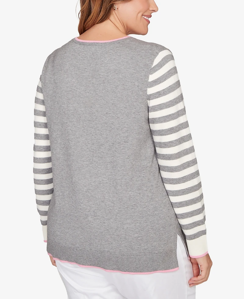 Ruby Rd. Plus Maltese Puppy Striped Sleeve Sweater