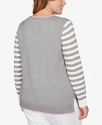Ruby Rd. Plus Maltese Puppy Striped Sleeve Sweater