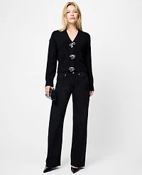Fcuk Women's Babysoft Knit V-Neck Embellished Bow Cardigan Sweater