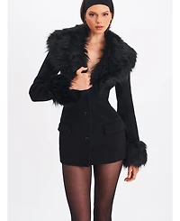 Miss Circle Women Hailee Black Single Breasted Wool Blend Mini Coat with Removable Fur Lapel