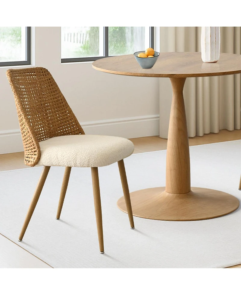 3-Piece 34.5" Round Dining Set with Wood-Look Pedestal Table and 2 Faux Rattan Back Chairs with Upholstered Seat and Tapered Legs-Maison Boucle