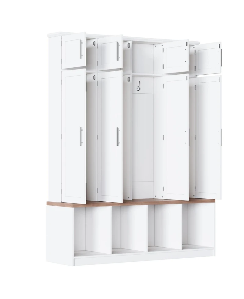 Streamdale Farmhouse Hall Tree Bench, Hidden Hooks, Shoe Cabinet - White