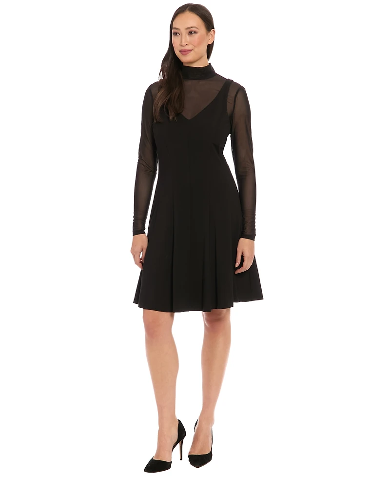 London Times Women's Mock Neck Long-Sleeve Dress