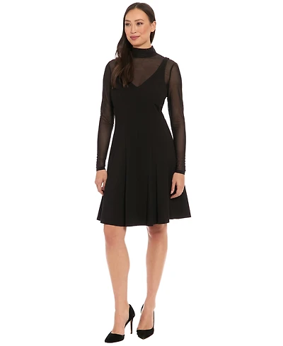 London Times Women's Mock Neck Long-Sleeve Dress