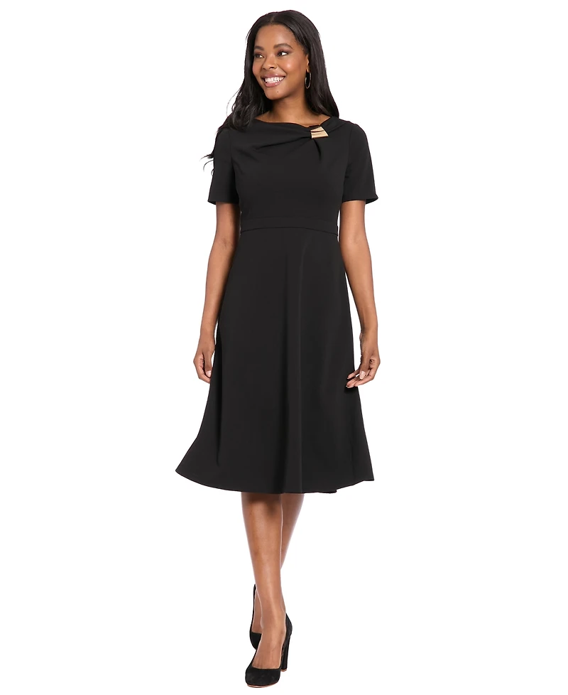 London Times Women's One-Shoulder Midi Fit and Flare Dress