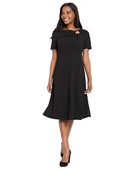 London Times Women's One-Shoulder Midi Fit and Flare Dress
