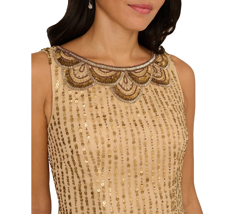 Adrianna Papell Women's Boat Neck Beaded Fringe Detail Mini Dress