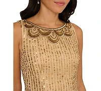 Adrianna Papell Women's Boat Neck Beaded Fringe Detail Mini Dress