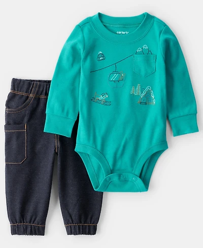 Carter's Baby Boys 2-Piece Skiing Print Long-Sleeve Bodysuit and Joggers Set
