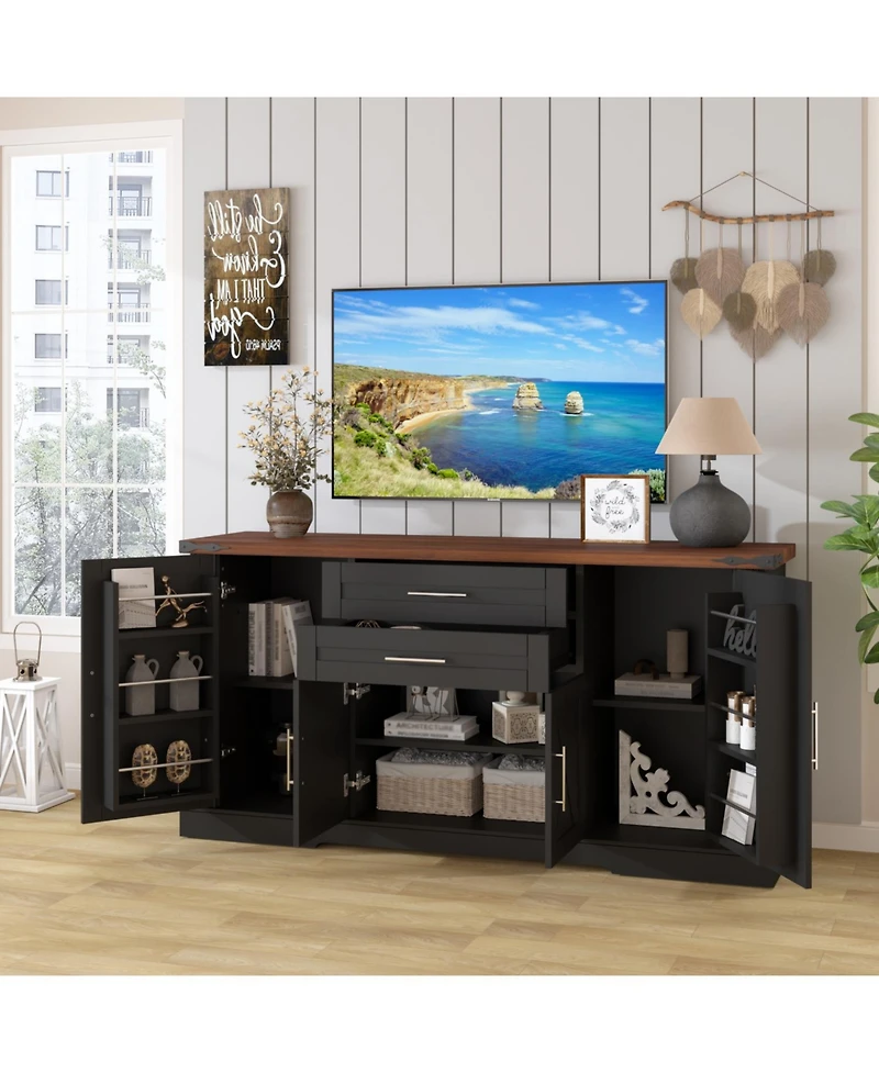 Streamdale 63" Farmhouse Barn Door Cabinet - Buffet Table/Coffee Bar, Black