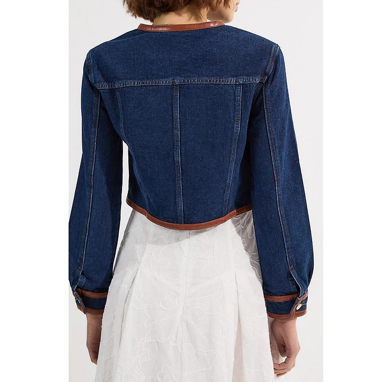 Karen Millen Women's Denim & Leather Collarless Jacket