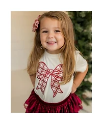Sweet Wink Toddler Girls Christmas Plaid Bow Patch Short Sleeve T-Shirt