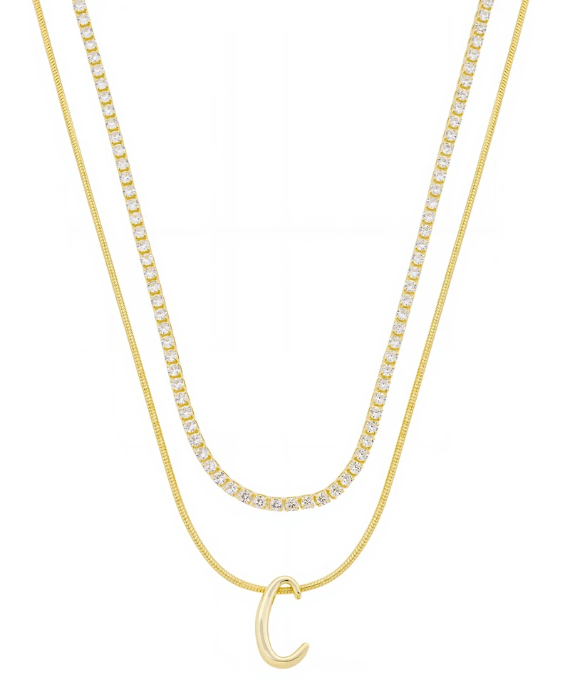 Unwritten Letter "C" Initial Snake Chain Cubic Zirconia Chain Necklace With Extender 2Pcs Set
