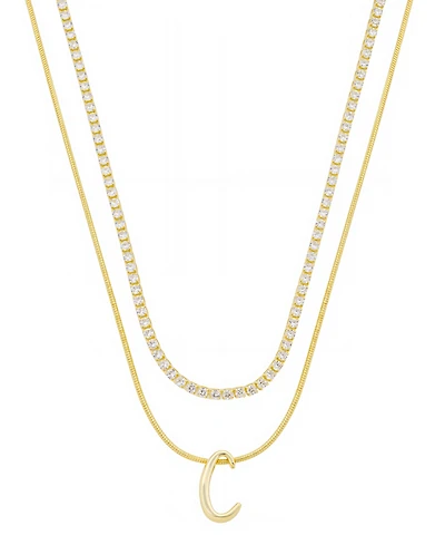 Unwritten Letter "C" Initial Snake Chain Cubic Zirconia Chain Necklace With Extender 2Pcs Set