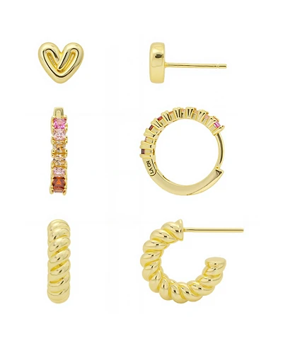 Unwritten Heart Post Stud, Multi Pink Cubic Zirconia Endless Hoop, Twits Post Hoop 3Pairs Ear Set