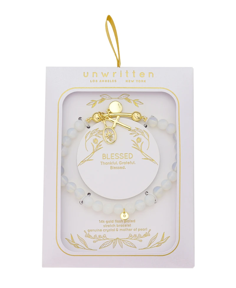 Unwritten Crystal Star Mother Of Cultivated Pearl Inlay, Cross, Crystal Cross Faux Opal Beads Stretch Bracelet