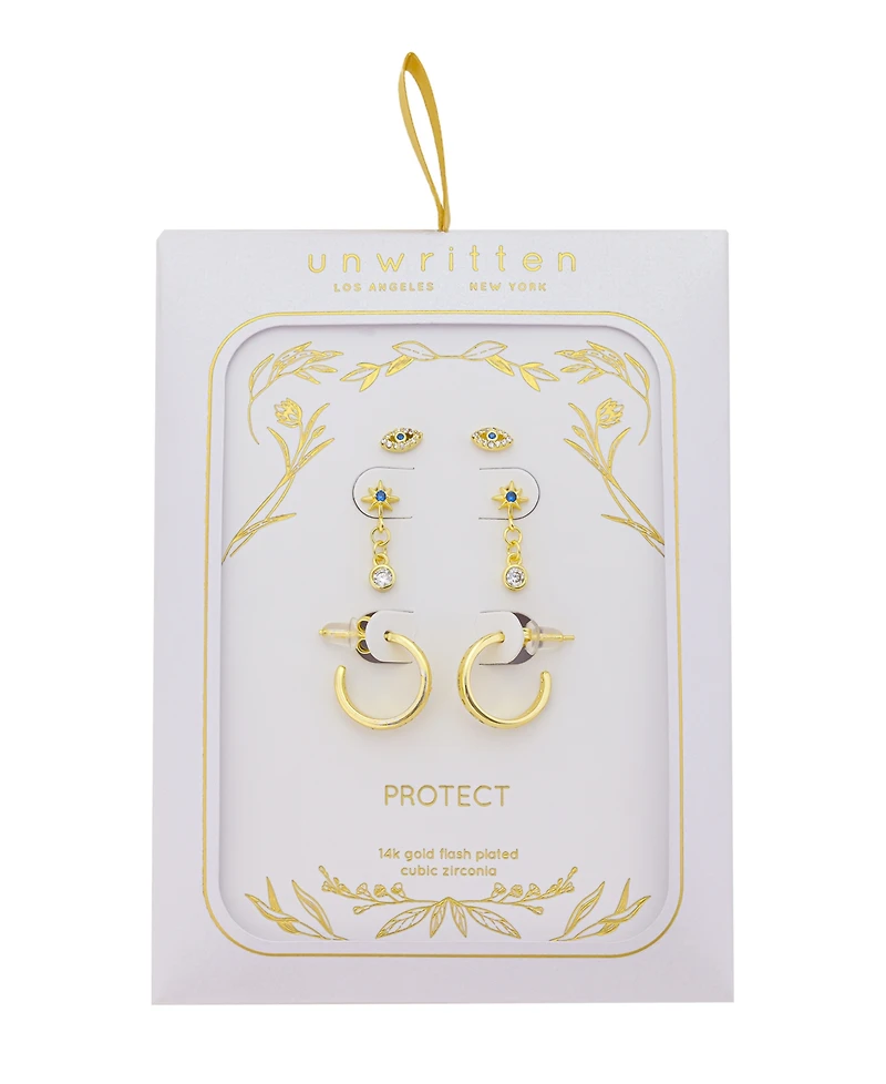 Unwritten Cubic Zirconia Evil Eye Post Stud, Sapphire With Clear Cubic Zirconia Drop Cubic Zirconia Post Hoop 3 Pairs Ear Set