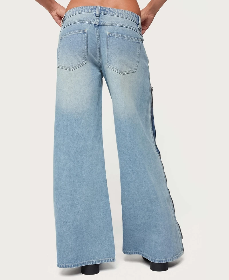 Edikted Women's Zippered Washed Wide Leg Jeans