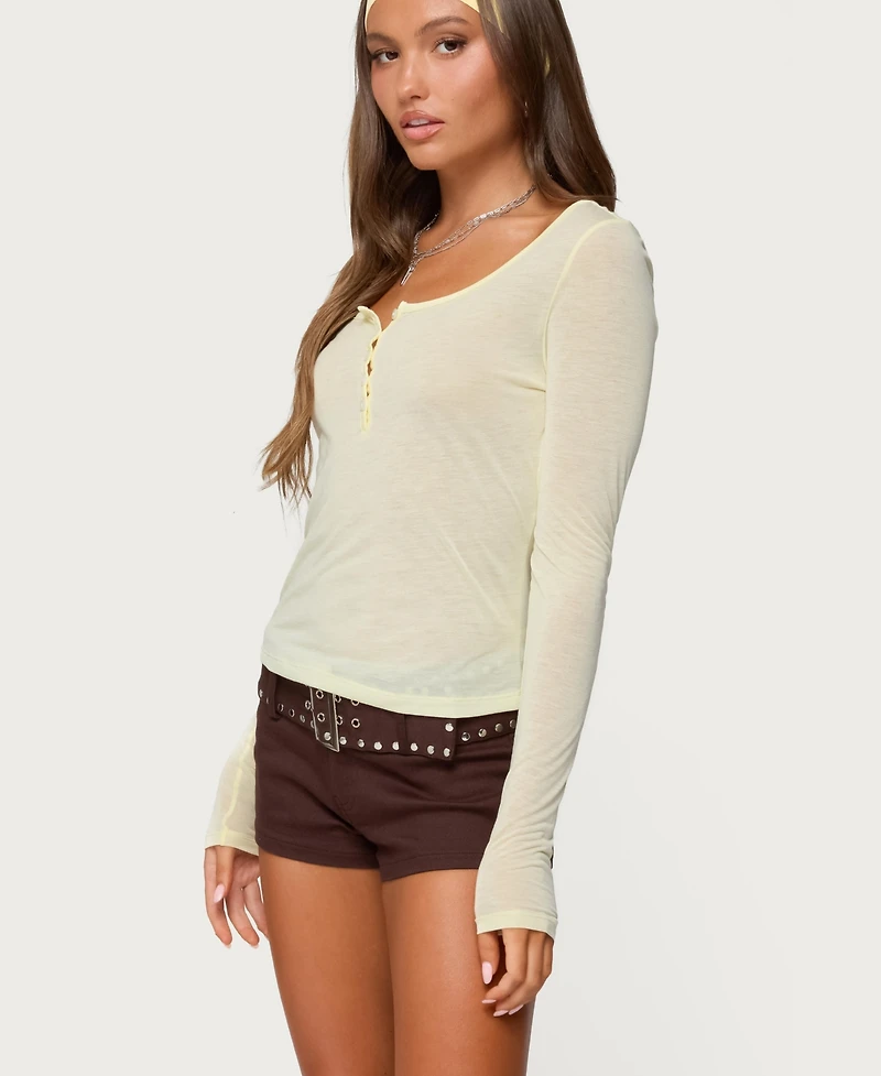 Edikted Women's Ria Sheer Long Sleeve Henley Top