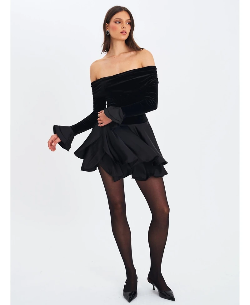 Miss Circle Women Magnolia Black Off-Shoulder Layered Satin Mini Dress