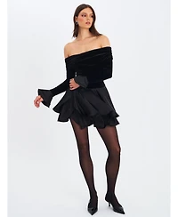 Miss Circle Women Magnolia Black Off-Shoulder Layered Satin Mini Dress