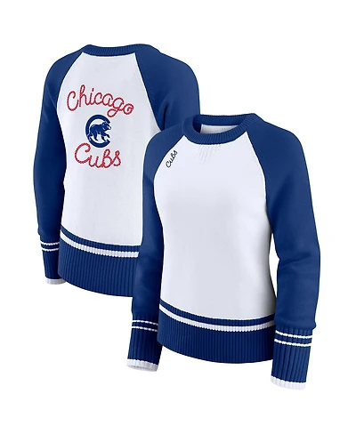 Wear by Erin Andrews Women's White Chicago Cubs Color Block Raglan Sweater
