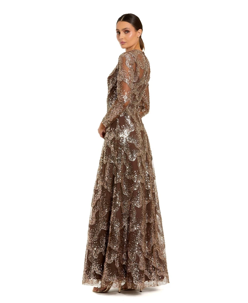 Mac Duggal Women's Embellished Mesh Long Sleeve High Neck Gown