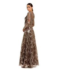 Mac Duggal Women's Embellished Mesh Long Sleeve High Neck Gown
