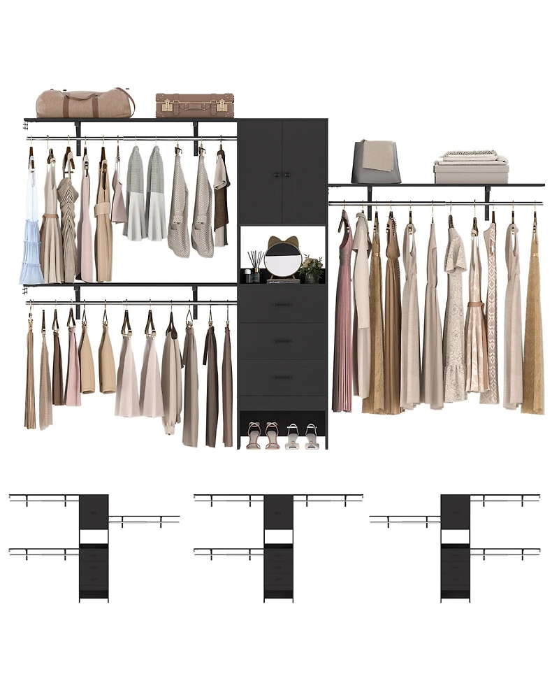Aheaplus 10FT Closet System with 3 Drawers, 120'' Walk-in Organizer Shelving Towers and Hanging Rods