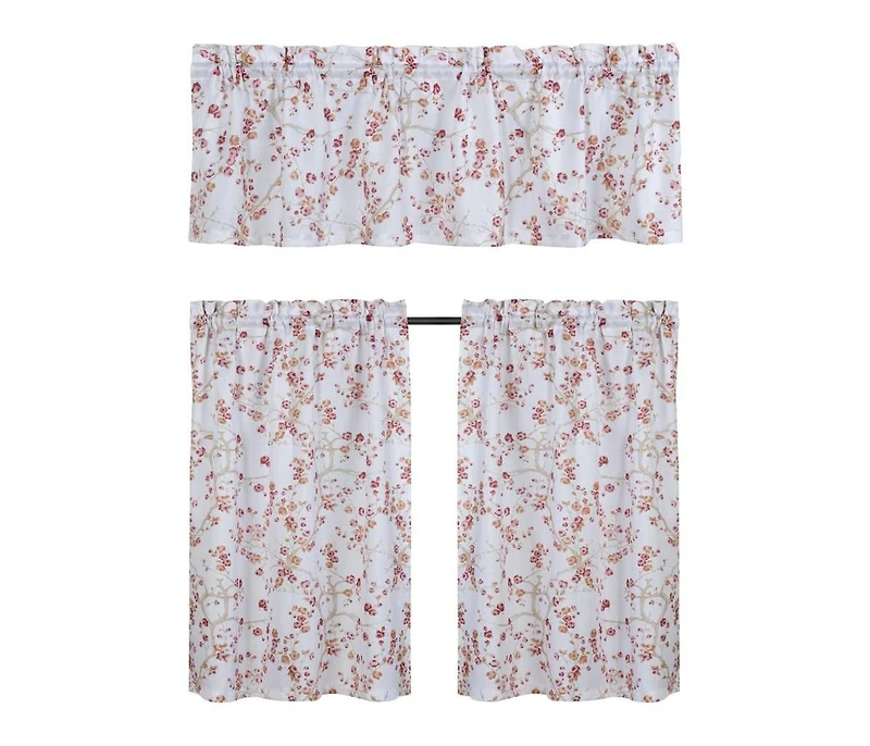Kate Aurora Complete 3 Piece Rod Pocket Cherry Blossom Cafe Kitchen Curtain Tier & Valance Set
