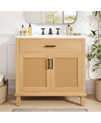 Lovmor 36inch Rattan Bathroom Vanity with Ceramic Sink Modern Bathroom Sink Cabinet