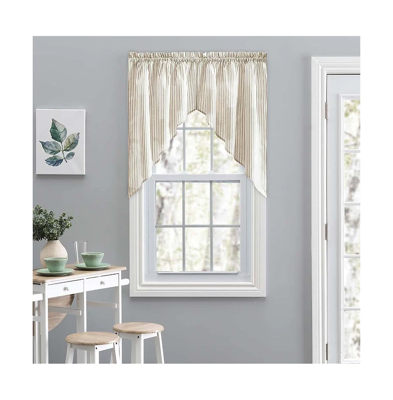Ellis Curtain Plaza Classic Ticking Stripe Printed on Natural Ground 1.5" Rod Pocket Tailored Swag 56" x 36" Tan