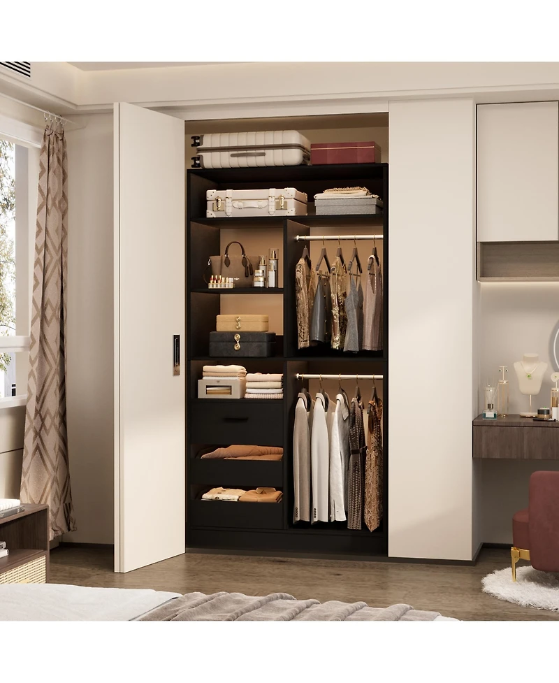 36'' Freestanding Walk-in Closet Organizer System with 3 Drawers, Heavy Duty 2 Hanging Rods & Shelves