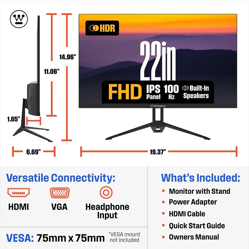 Westinghouse 22" Full Hd Ips Monitor, 100Hz, 1ms Response, Hdr, Adaptive Sync, Built-in Speakers, Hdmi & Vga, Gaming & Office (2025)
