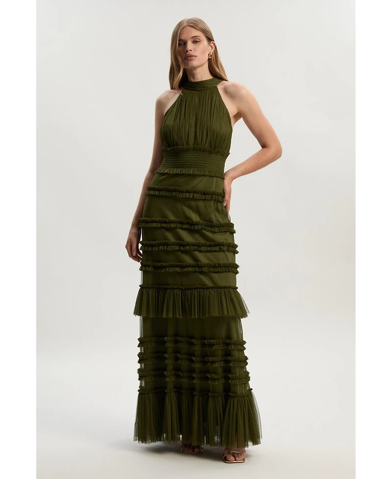 Karen Millen Women's Tulle Layered Halter Neck Maxi Dress