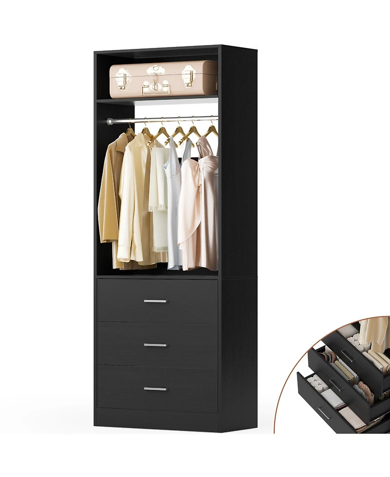Freestanding 2FT Closet System with 3 Wooden Drawers, 24'' Organizer Hanging Rod & Shelves