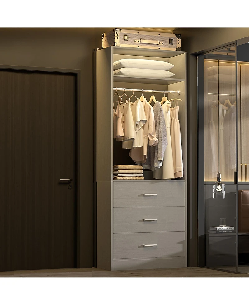 Freestanding 2FT Closet System with 3 Wooden Drawers, 24'' Organizer Hanging Rod & Shelves