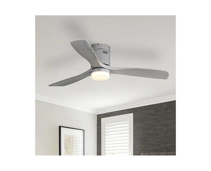 52-inch Modern Sliver 3 Solid Wood Blades Flush Mount Tri color Adjustable Ceiling Fan Light with Remote Control