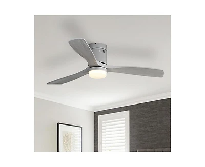 52-inch Modern Sliver 3 Solid Wood Blades Flush Mount Tri color Adjustable Ceiling Fan Light with Remote Control